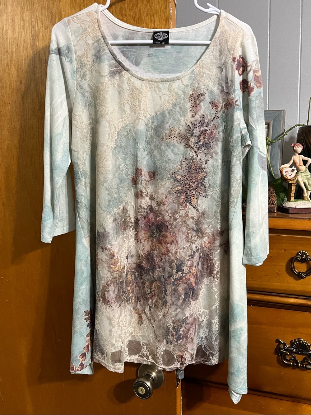 Cal Style Boho Floral Print Lace Overlay 3/4 Sleeve Flowy Tunic Size Medium